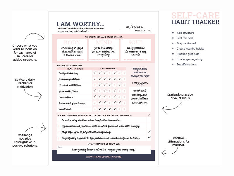 Self-care Habit Tracker - I Am Worthy (PDF)